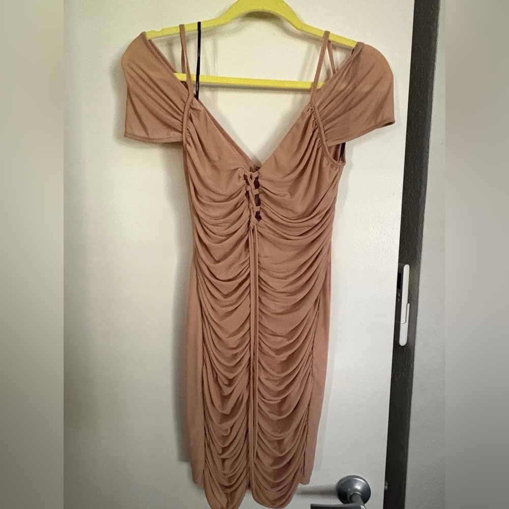 Privy Strapless Tan Ruched Bodycon Dress